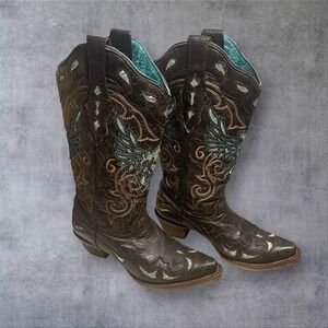 Corral Brown Leather Western Boots Womens 7 Glitter Eagle Inlay   Boho Cowgirl
